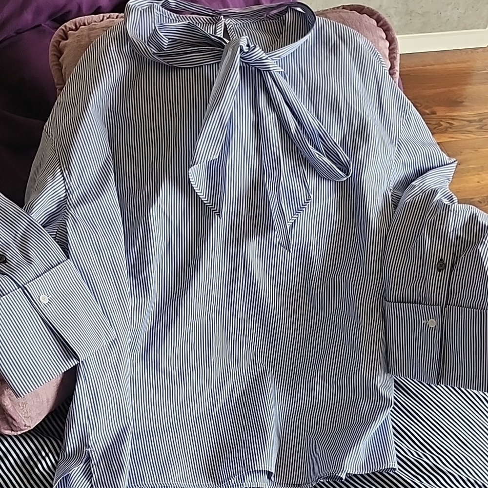 Authentic Celine Striped Blue Blouse with Bow Tie